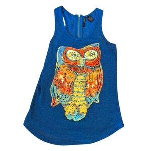 Y2K Whimsigoth Blue Tank  Sleeveless w/Colorful Sequined Owl Zip Back Sz S